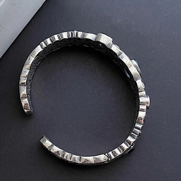 Vintage Sterling Silver Bangle, Multicolor Gemstone Engraved Cuff, Elegant - Picture 9 of 12